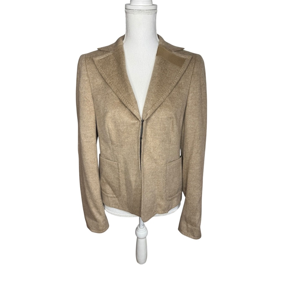Akris Cashmere Structured Blazer Jacket with Grosgrain Detail Tan Women Medium‎